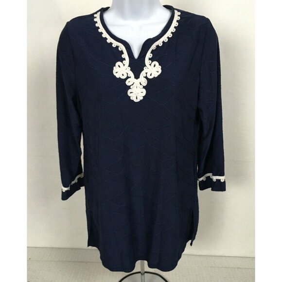 Allison Daily Womens Top Size SP Navy Blue with White Trim on Neck and Sleeves - Picture 1 of 14